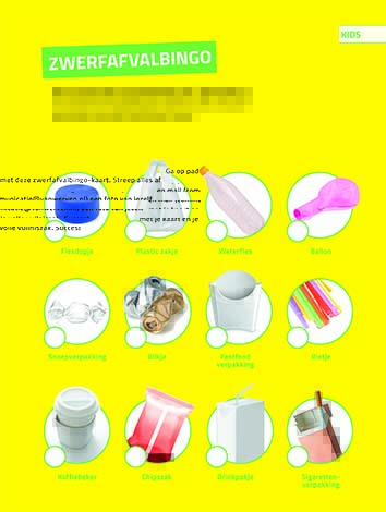 De zwerfafvalbingokaart: twaalf vakjes met soorten zwerfafval om onderweg af te strepen, van flesdopje en blikje tot koffiebeker en sigarettenverpakking